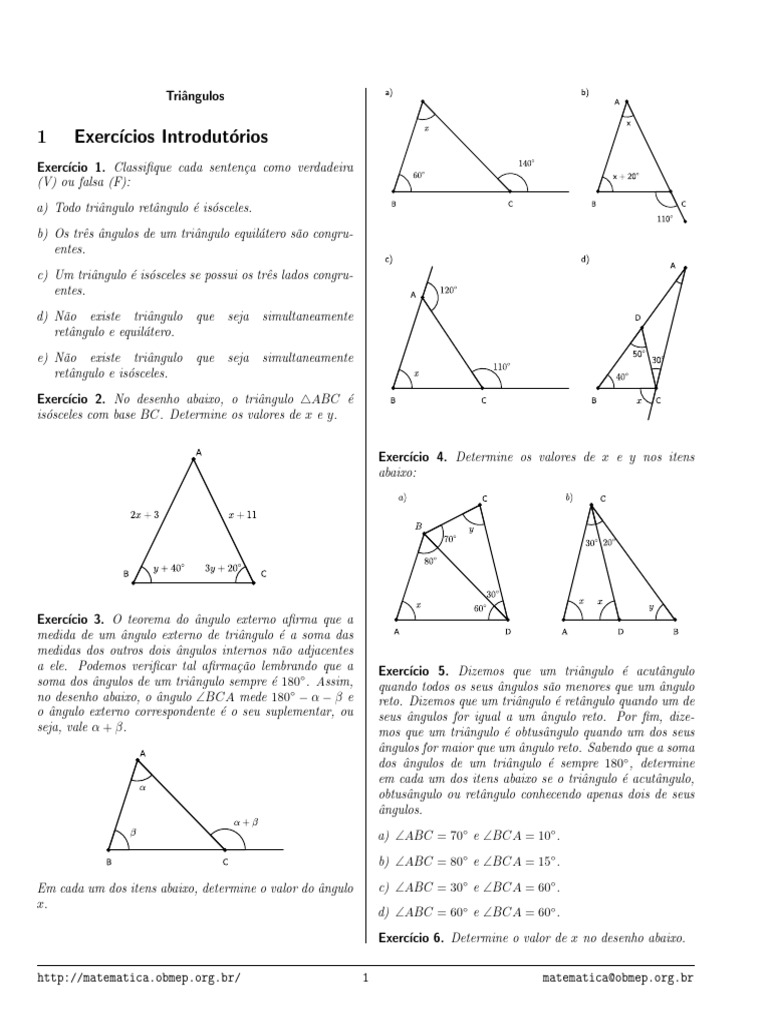 Exercícios sobre Triângulos e Ângulos | PDF | Triângulo | Geometria convexa
