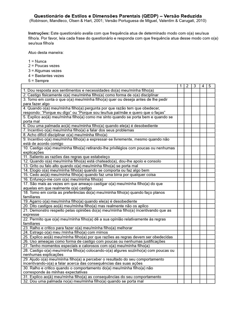 Questionário de Estilos Parentais QEDP | PDF