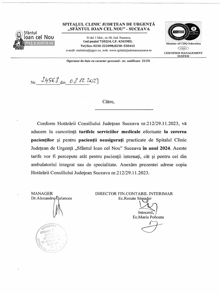 TARIFE 2024 - Pacienti Neasigurati | PDF