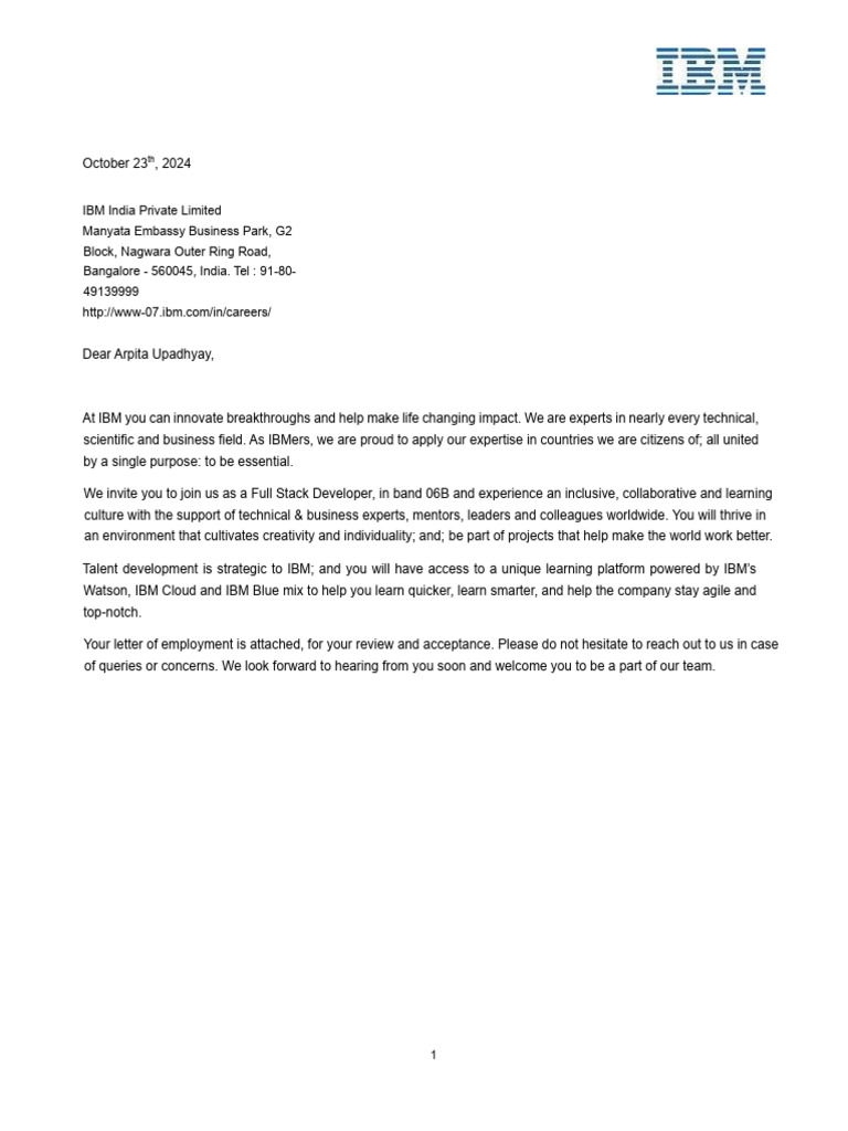 IBM Job Offer Letter for Arpita Upadhyay | PDF | Insurance | Employment