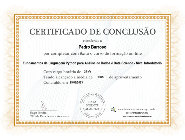 Certificate Fundamentos de Linguagem Python para Analise de Dados e ...