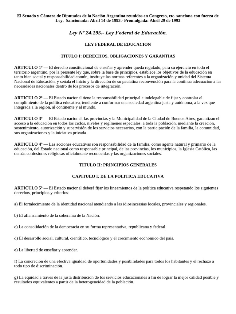 Ley Federal de Educación 24195 | PDF | Educación de la primera infancia ...