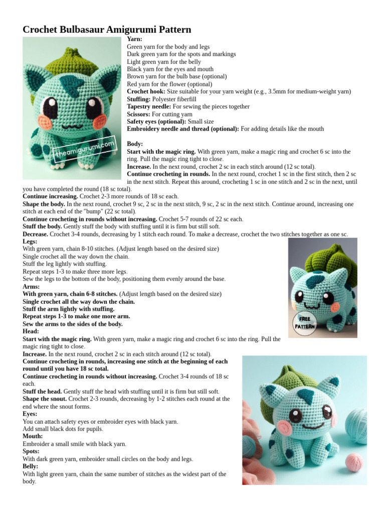 Bulbasaur Amigurumi Pattern | PDF | Crochet | Surgical Suture