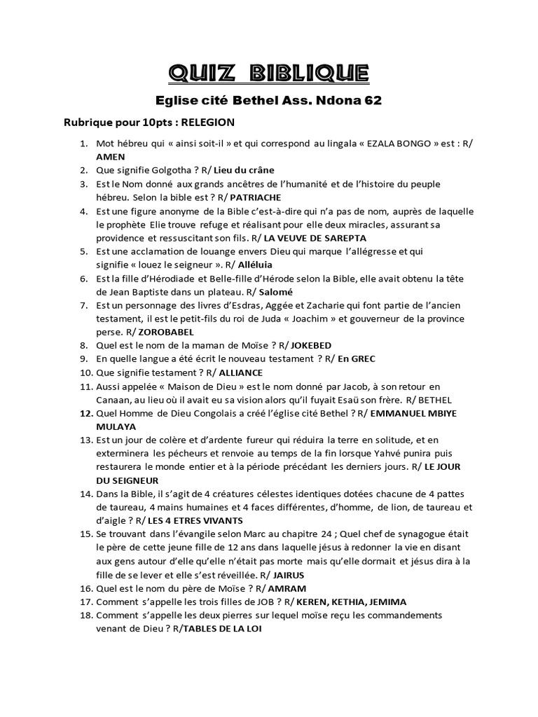 Quiz Biblique : Questions et Réponses | PDF | Salomons | Contenu de la ...