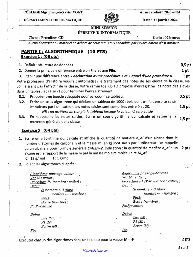 Examen Informatique 2023-2024 | PDF | C (Langage de programmation ...