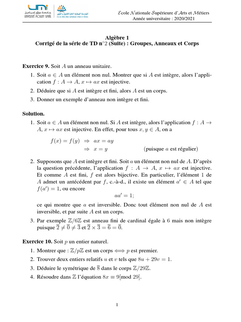 Corrigé TD Algèbre 1 - Groupes et Corps | PDF | Anneau (mathématiques ...