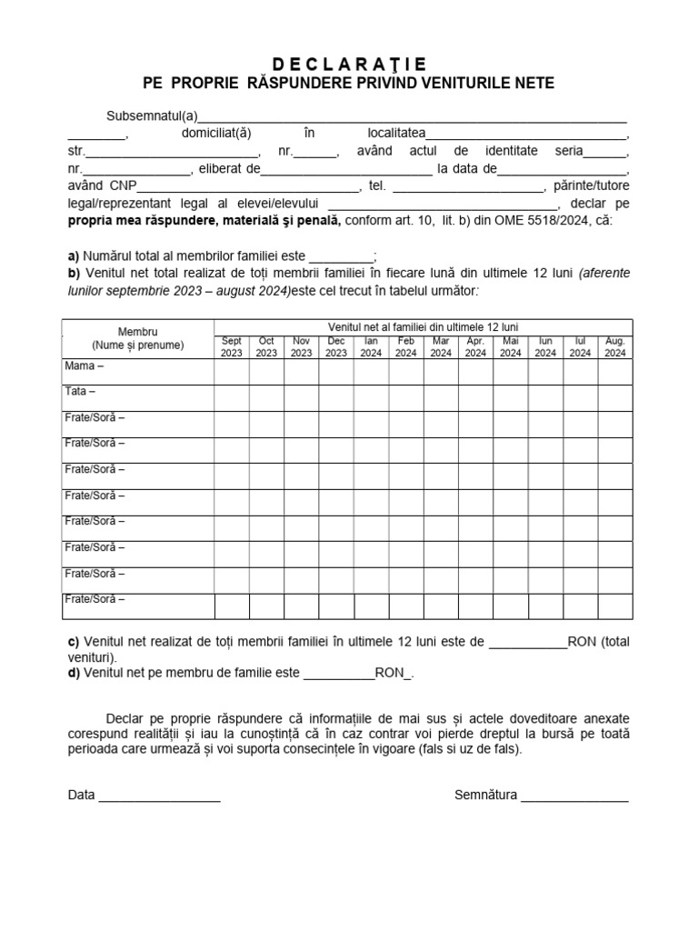 Declaratie Venituri Burse Acord-GDPR 2024-2025 | PDF