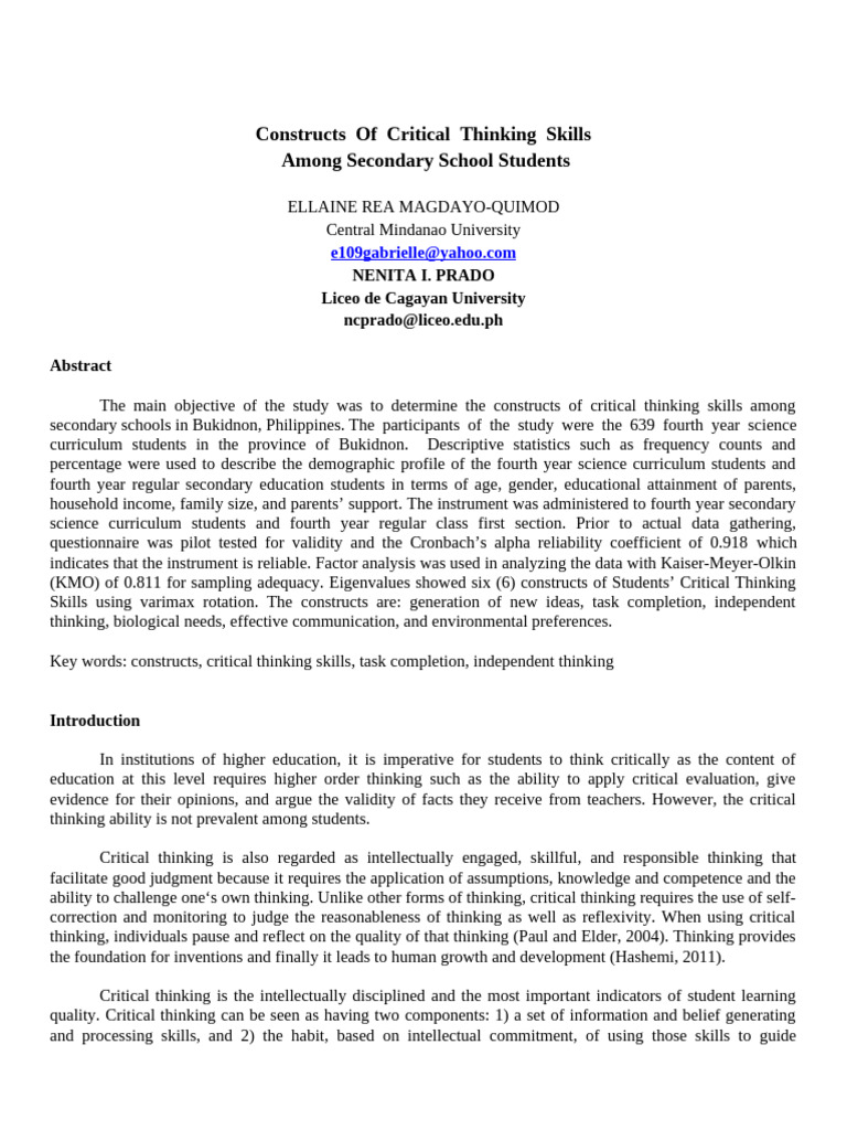 Critical Thinking Skills in Students | PDF | Critical Thinking | Thought