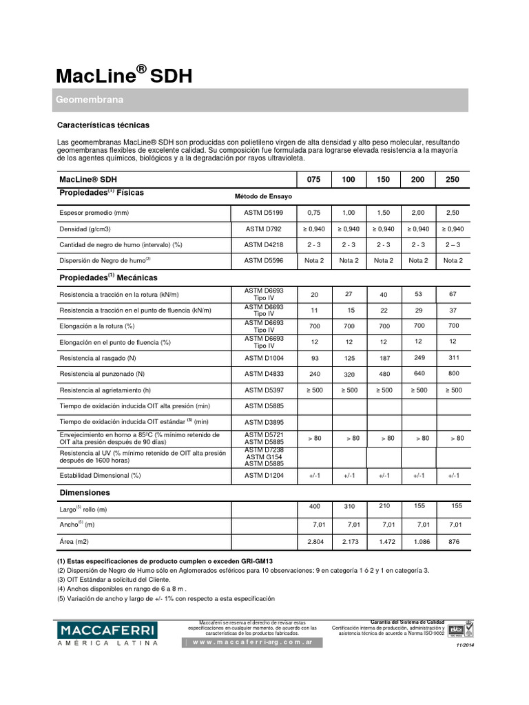 Geomembrana MacLine® SDH: Especificaciones | PDF | Materiales