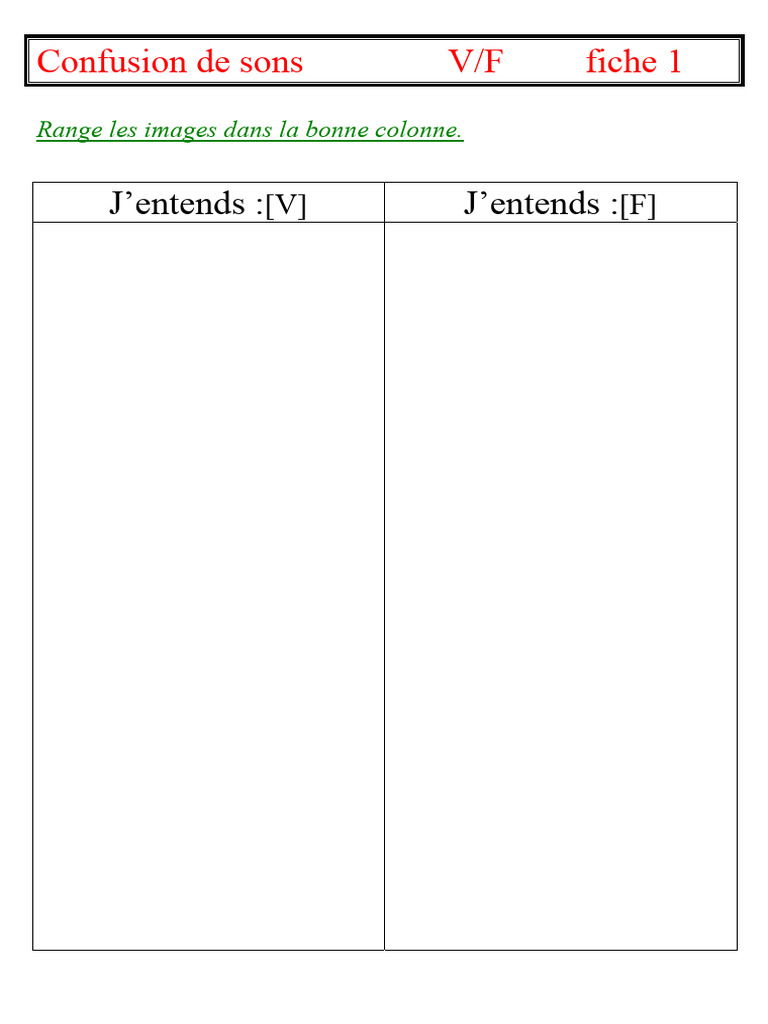 J'entends: J'entends:: Confusion de Sons V/F Fiche 1 | PDF