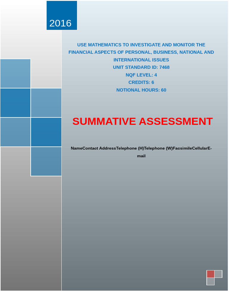 Unit Standard 7468 Assessment Guide | PDF | Investing | Money