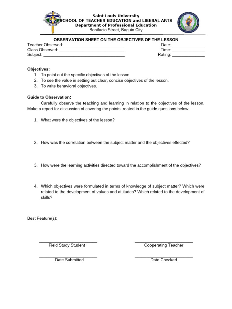 Observation Sheet On The Objectives of The Lesson | PDF | Career ...