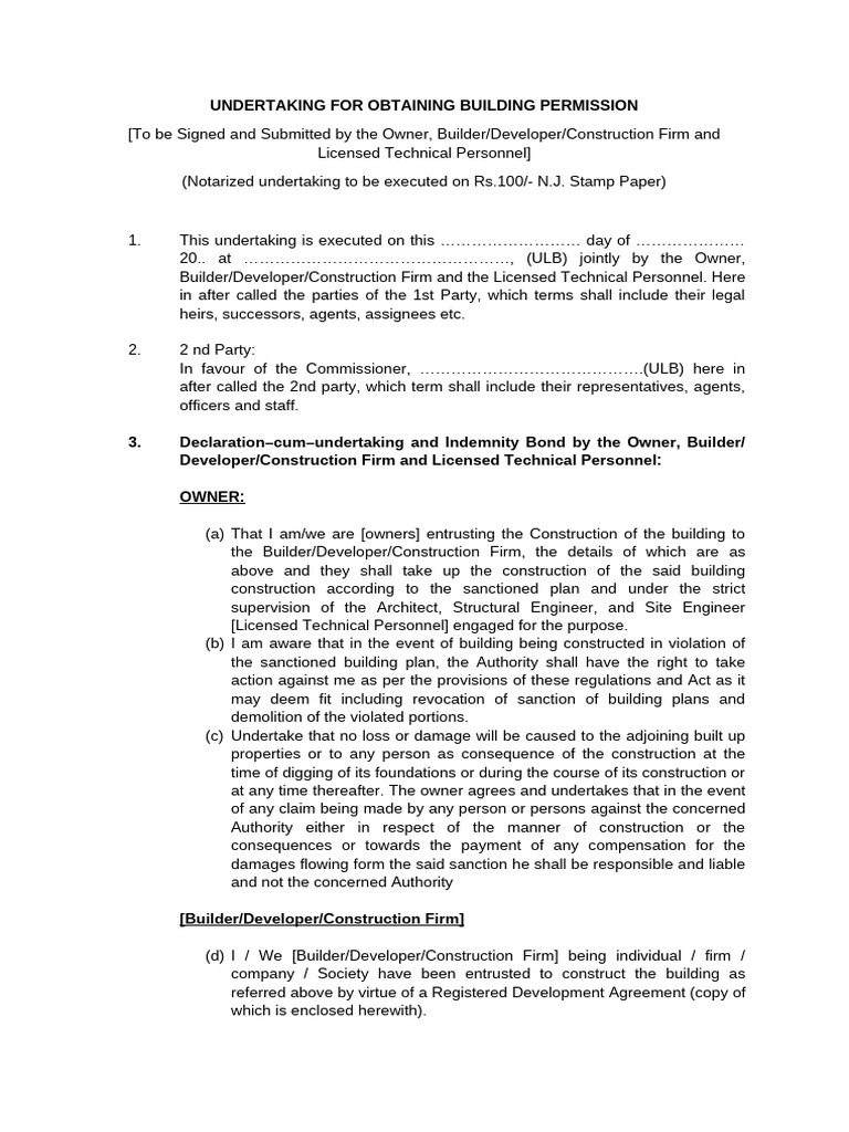 Owner's Undertaking for Building Permission | PDF | Architect | Engineer