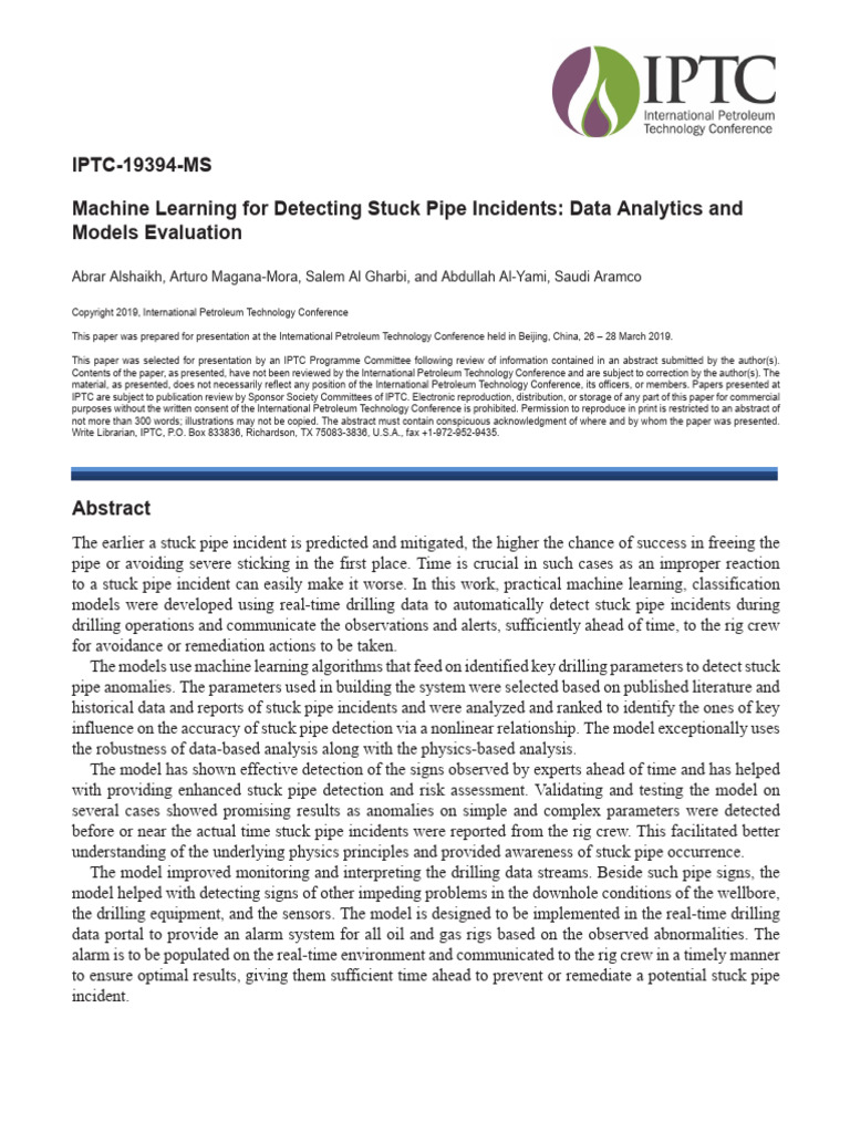 Alshaikh - Machine Learning For Detecting Stuck Pipe Incidents | PDF ...