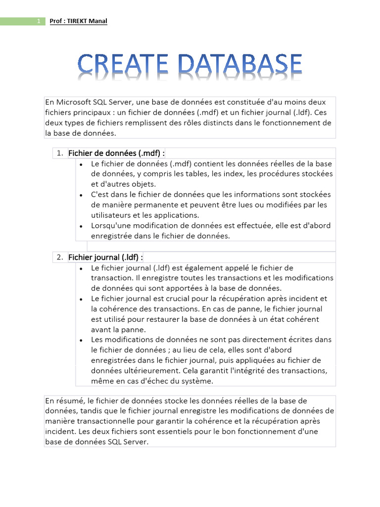 Création de bases de données SQL Server | PDF | Bases de données ...