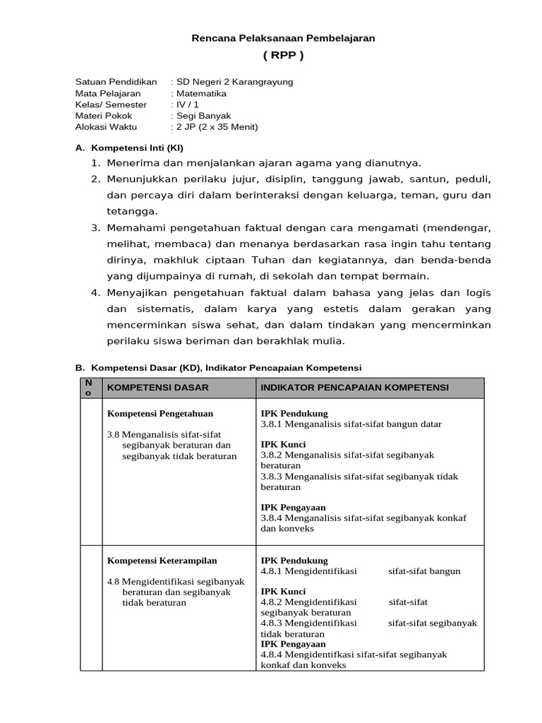 RPP Matematika Segi Banyak Kelas IV | PDF | Karier & Perkembangan ...