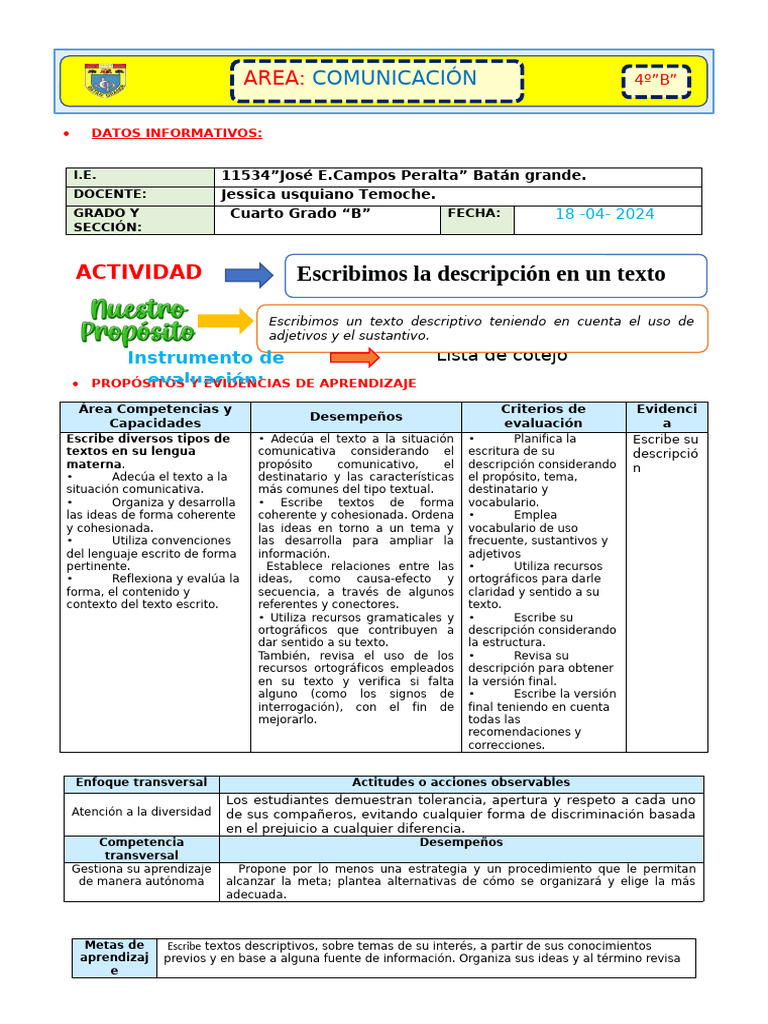 Comu Escribimos Texto Descriptivo Pdf Evaluación Adjetivo