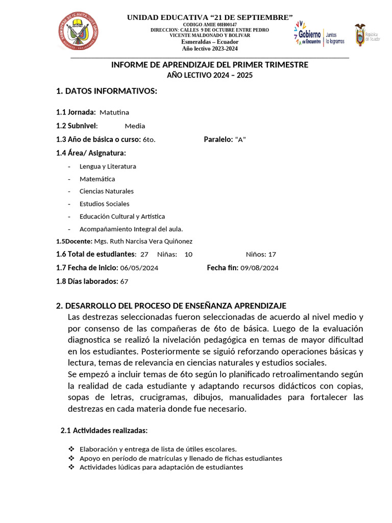 Informe Primer Trimestre 6to.b 2024 | PDF | Maestros | Salón de clases