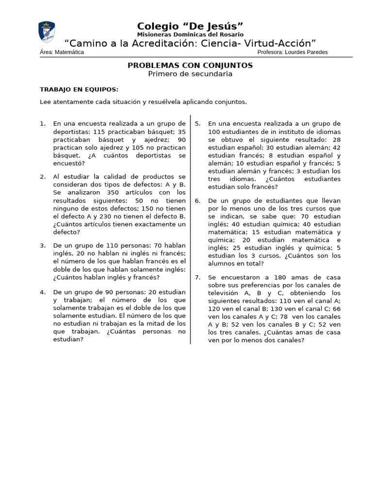 Problemas de Conjuntos para Secundaria | PDF | Francia