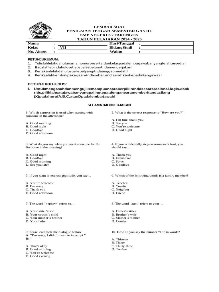 Soal Bahasa Inggris Kelas 7 Semester 1 | PDF | Language Arts & Discipline
