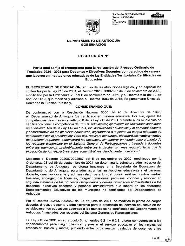 Cronograma Proceso Ordinario Traslados 2024 2025 2024060420068 PDF