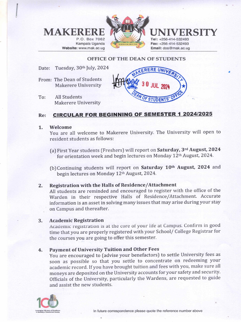 Circular For Beginning of Semester 1 2024-2025 | PDF