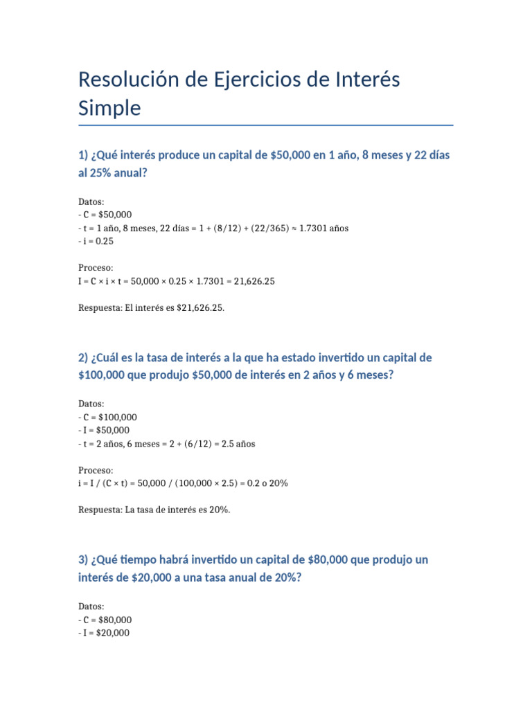 Ejercicios Resueltos de Interés Simple | PDF | Tasas de interés | Crédito