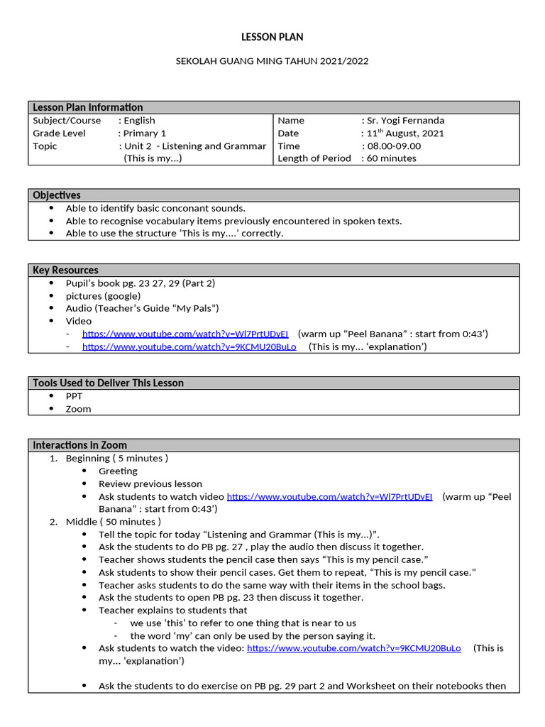 Primary 1 English Lesson Plan: Listening & Grammar | PDF | Cognition ...