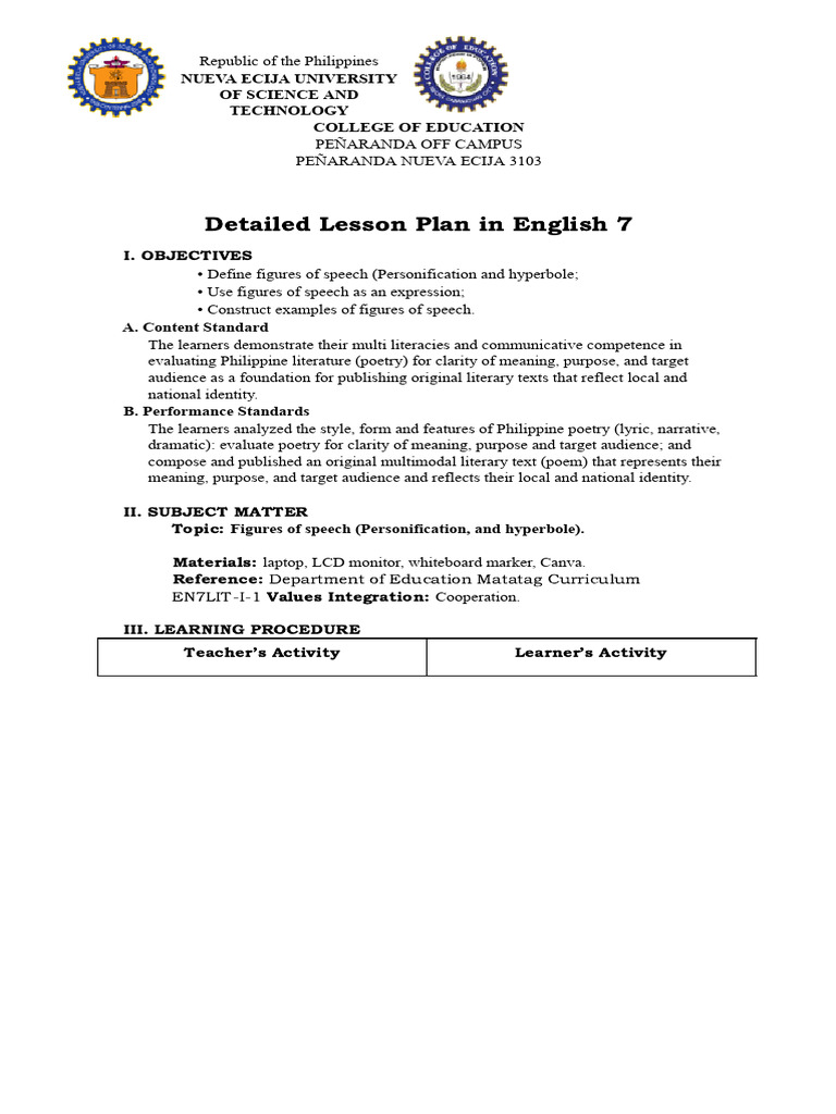 English 7 Lesson Plan: Figures of Speech | PDF | Lesson Plan | Poetry