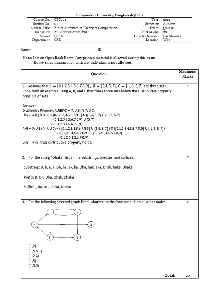 IUB Finite Automata Quiz 01 Details | PDF | Applied Mathematics ...
