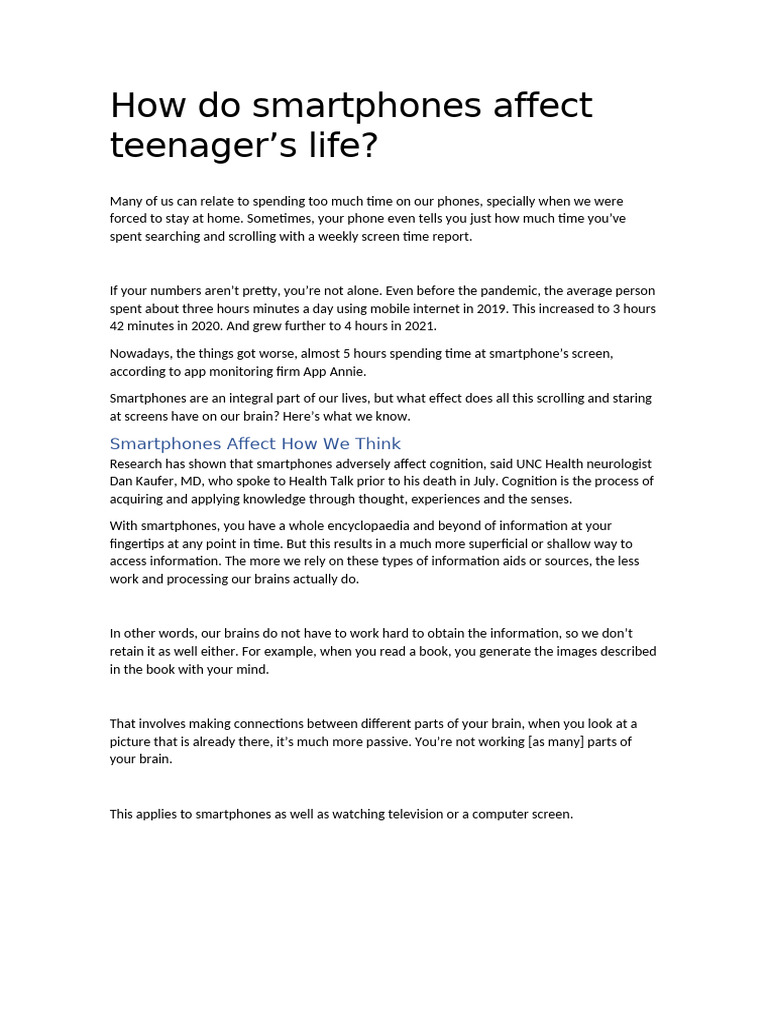 Impact of Smartphones on Teen Life | PDF | Adolescence | Sleep