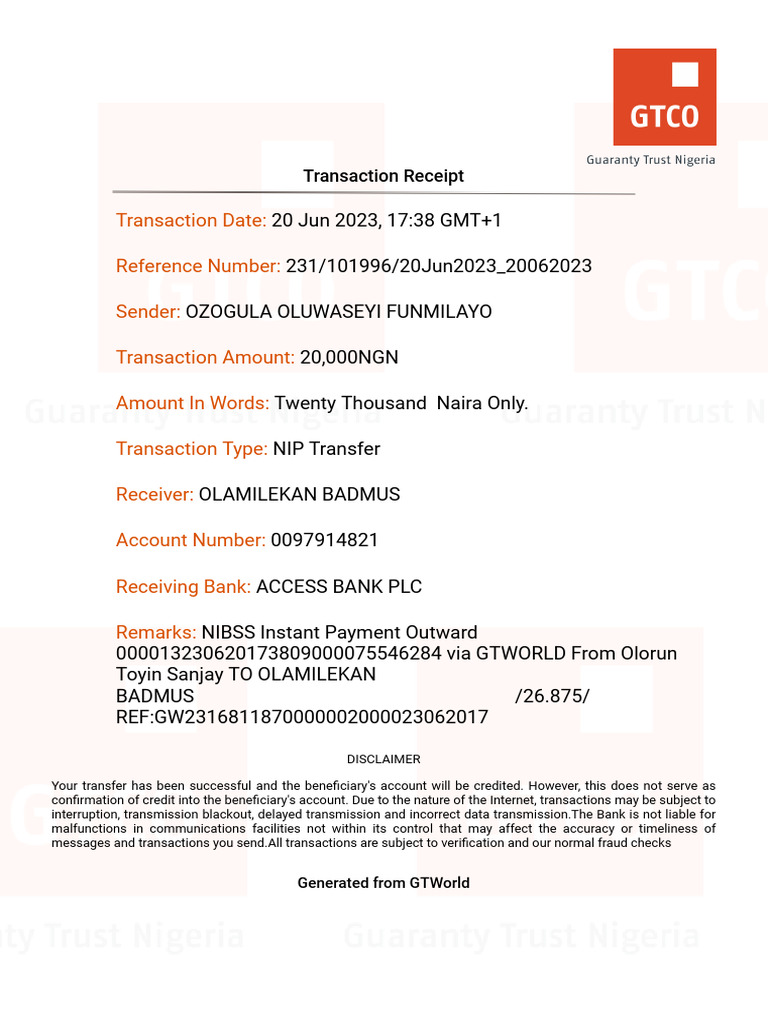 GTBank NIP Transfer Receipt | PDF