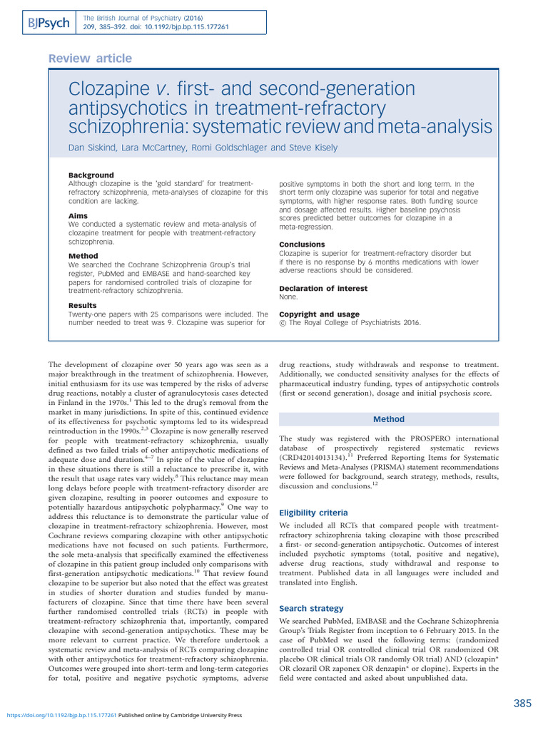 Clozapine V First and Second Generation Antipsychotics in Treatment ...