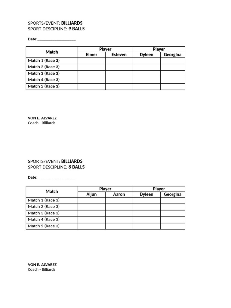 Billiards Matches: 8 & 9 Balls Schedule | PDF