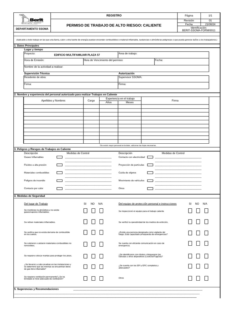 Berit-Ssoma-Form-0011 - Ptar - Caliente | PDF | Combustibles