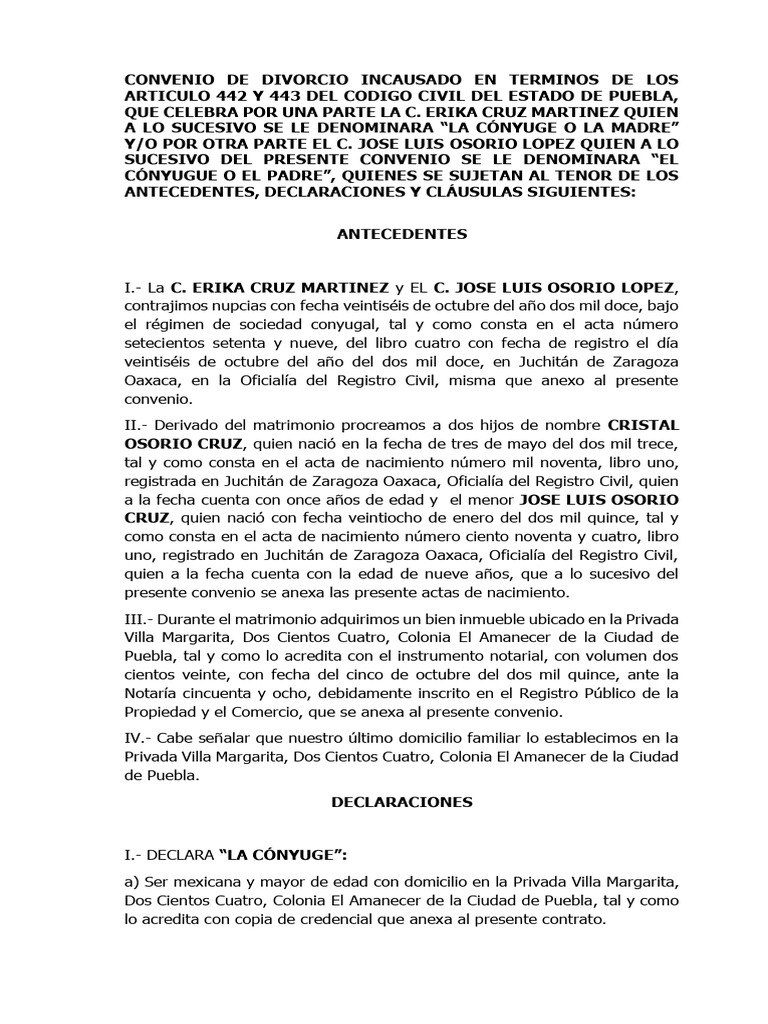 Convenio De Divorcio Incausado Formato Sam