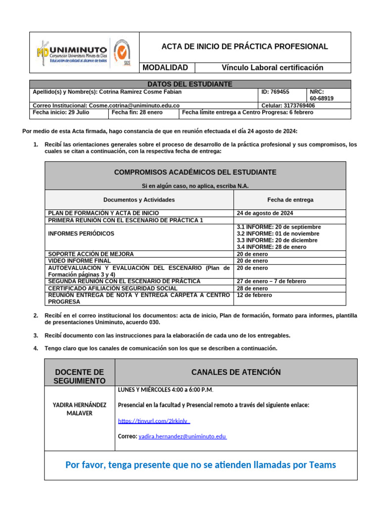 Acta de Inicio de Práctica Profesional | PDF