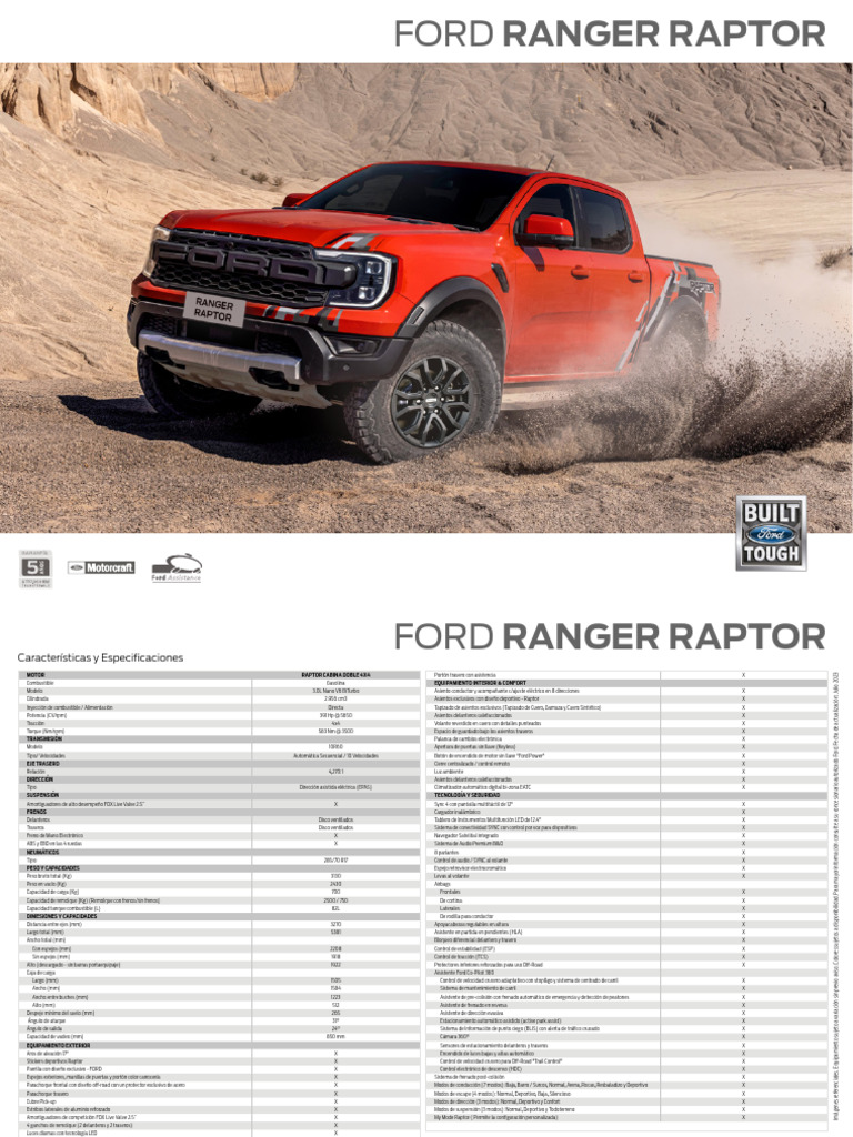 Especificaciones Ford Ranger Raptor 2023 | PDF | Vehículo de motor ...