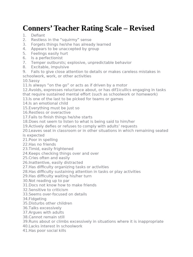 Conner Teacher Rating Scale | PDF | Attention | Perfectionism (Psychology) for Free Printable Conners Rating Scale For Teachers