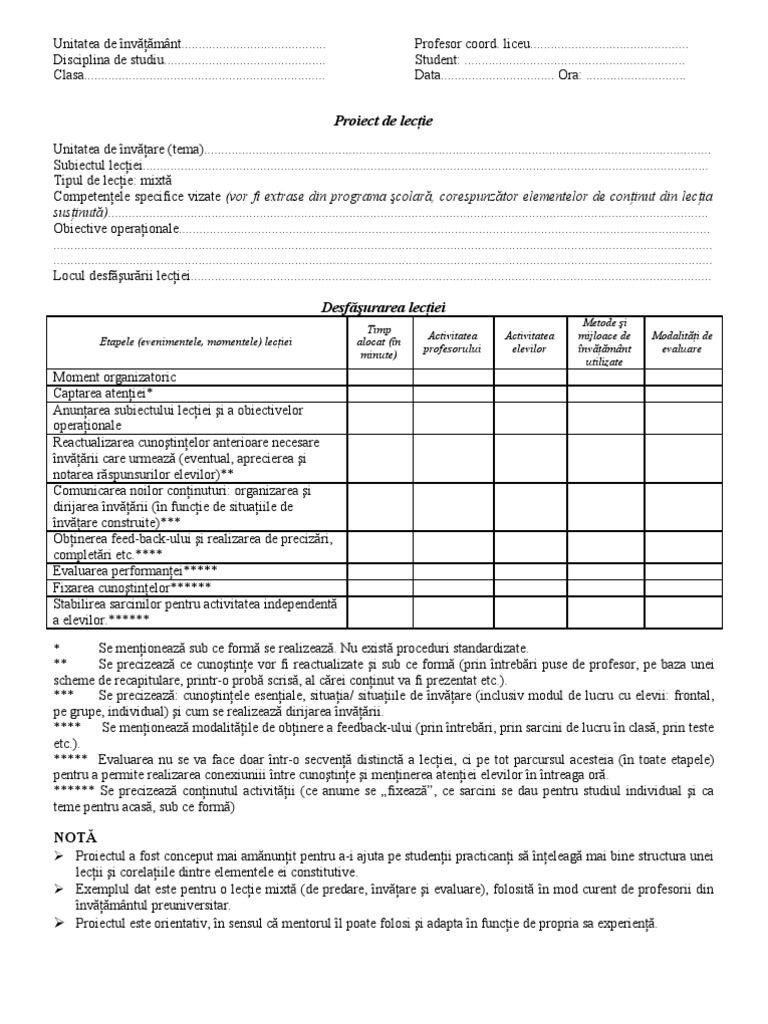 Proiect De Lectie Model