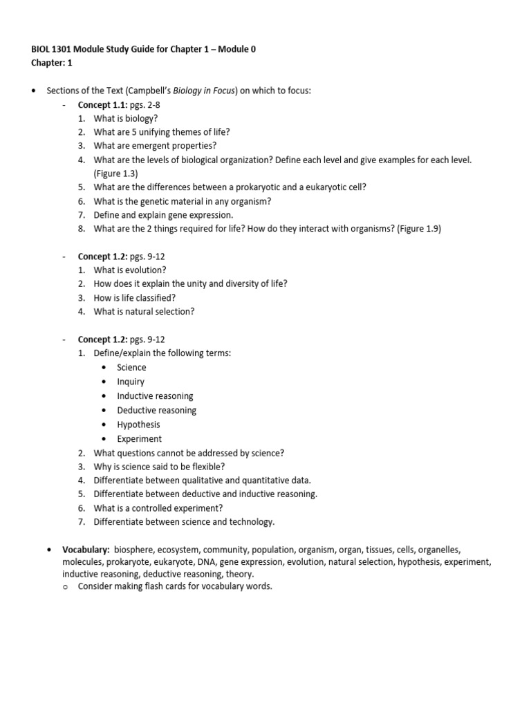 BIOL+1301+Chapter+1+Reading+Guide+Module+0 | PDF