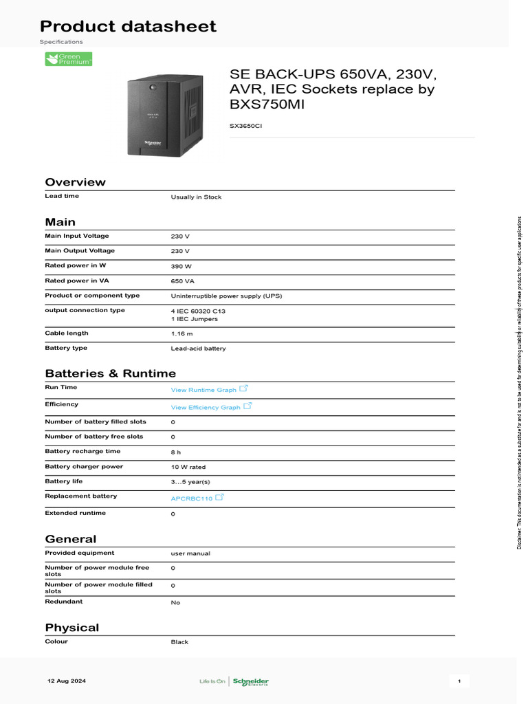 SE Back-UPS 650VA Specifications | PDF | Mains Electricity | Electrical ...