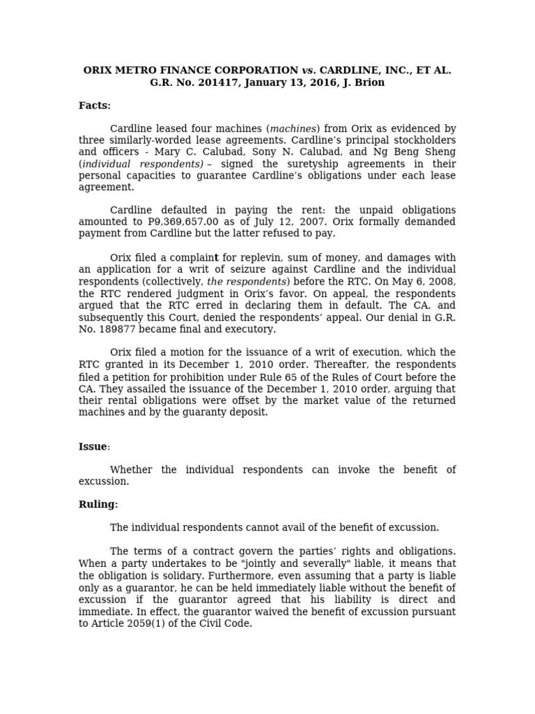 Orix Metro Finance vs. Cardline: Liability Ruling | PDF | Surety ...