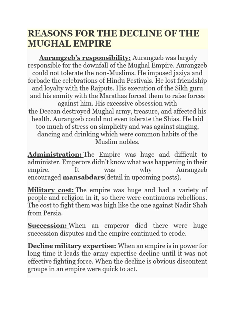 Reasons For The Decline of The Mughal Empire | PDF | Mughal Empire ...