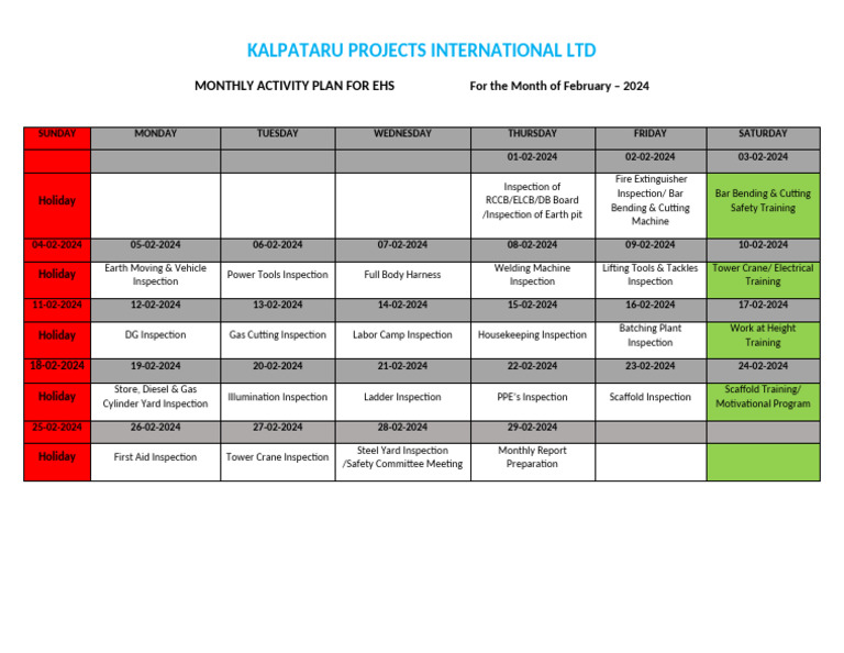 Monthly Inspection Schedule 1 | PDF