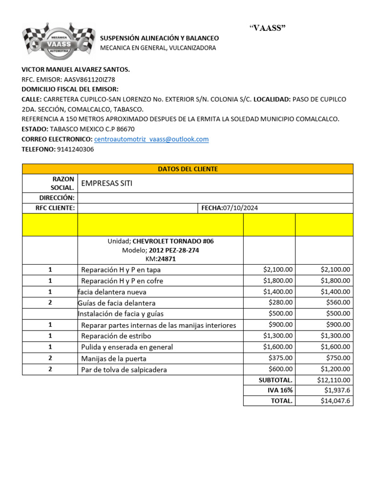 Servicio Automotriz VAASS - Factura 2024 | PDF