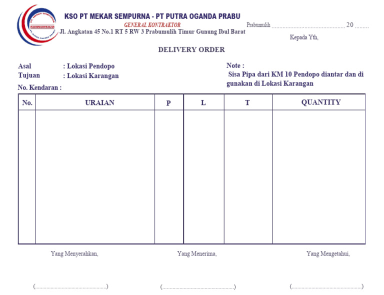 Contoh Delivery Order PT Mekar Sempurna | PDF