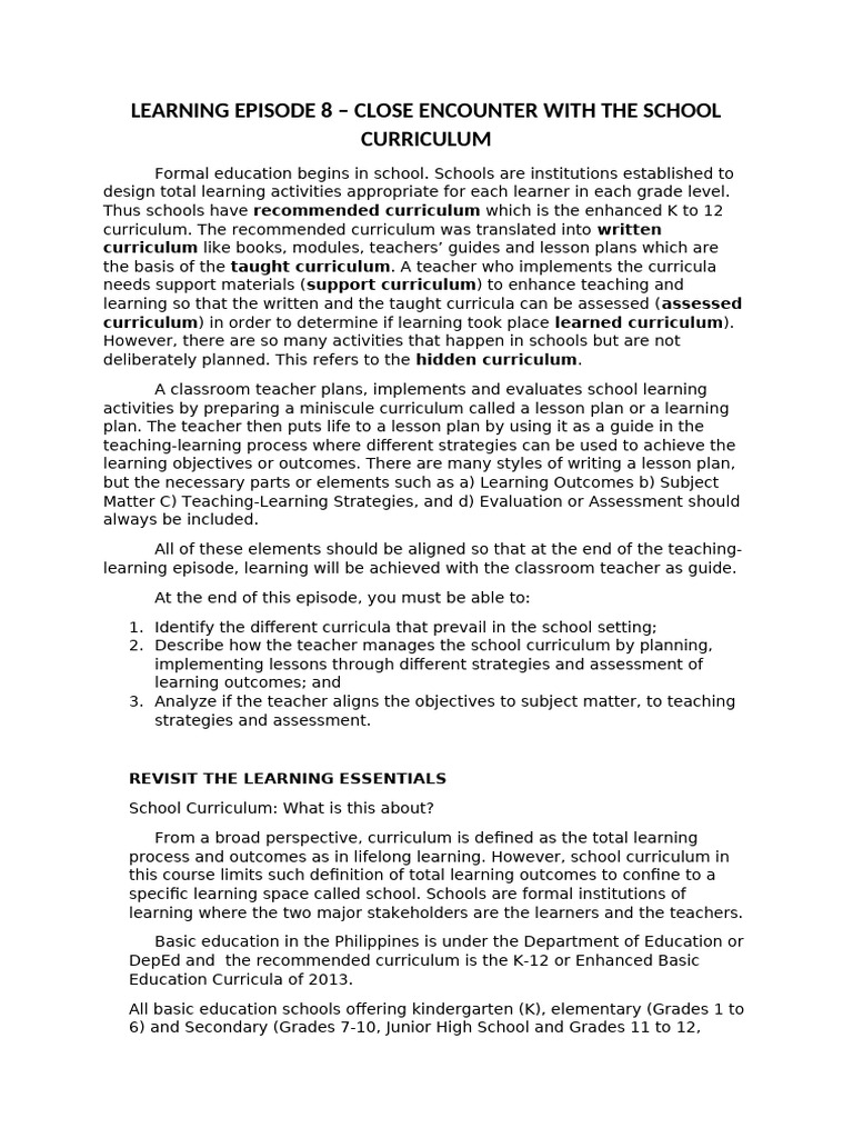 Learning Episode 8 Pdf Curriculum Teachers