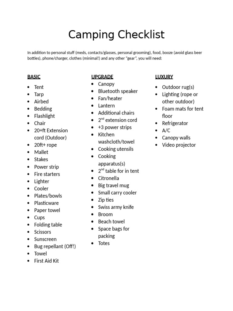 Camping Checklist Pdf