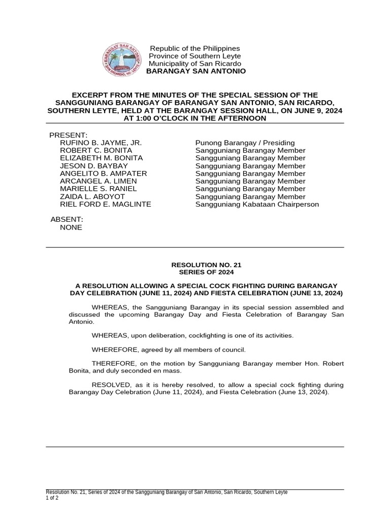 Resolution No. 16, Series of 2024 | PDF